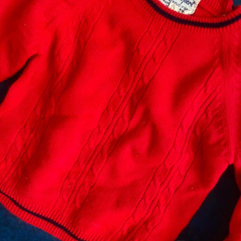 1950s Newport Children Bright Red Knitted Holiday Christmas Winter Sweater 18M